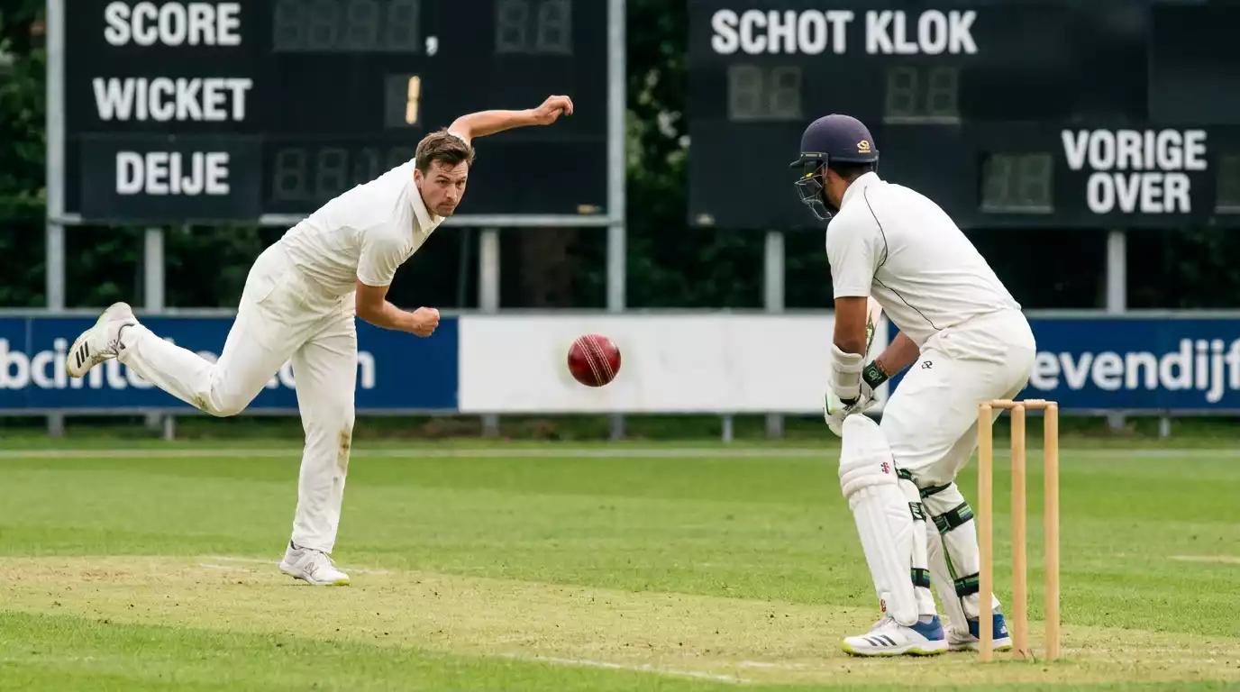Bowler in actie tijdens een T20-wedstrijd met batsman en wickets duidelijk zichtbaar