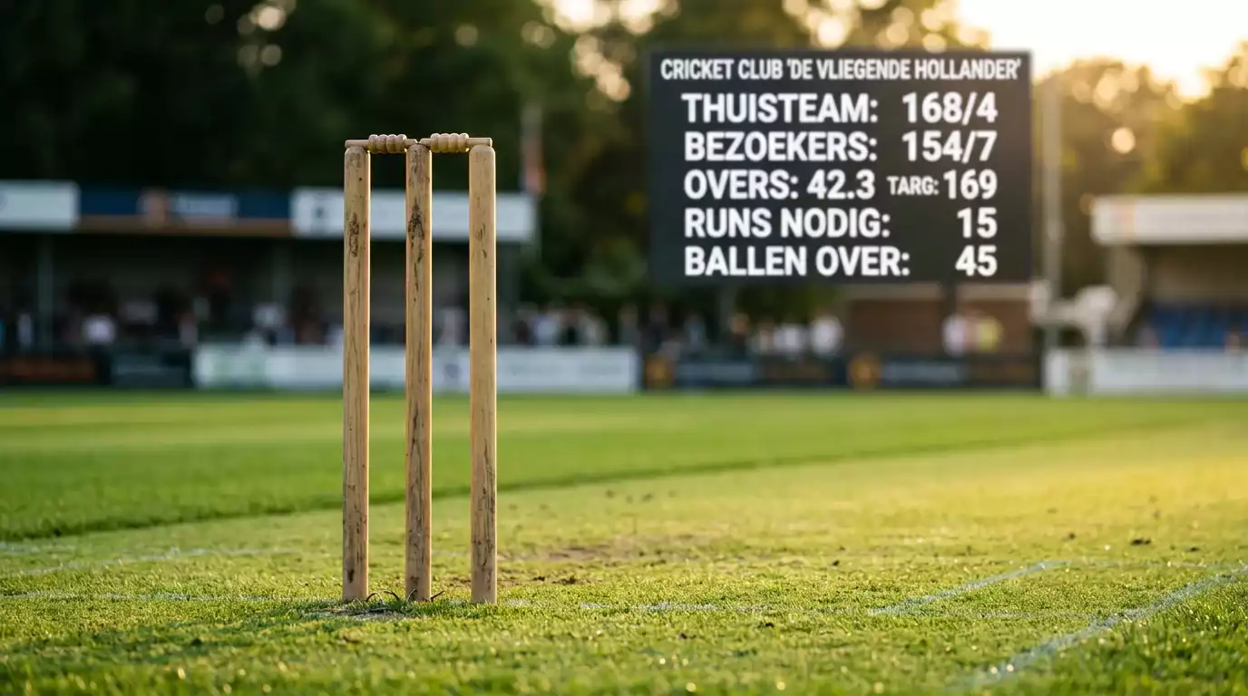 Cricketwicket met scoreboard op de achtergrond tijdens een T20-wedstrijd