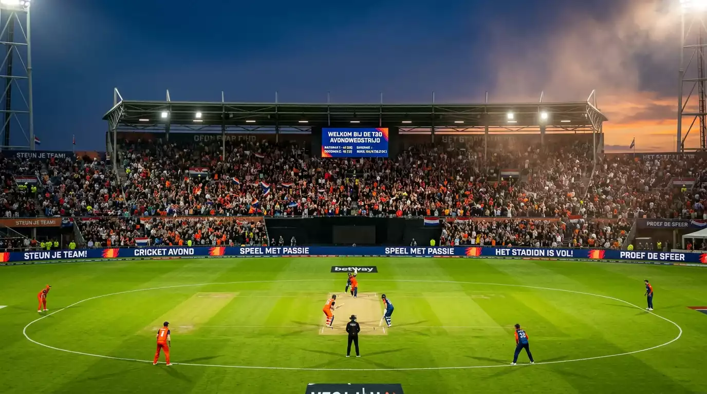 Vol cricketstadion tijdens een IPL T20-wedstrijd in de avond met verlichting en publiek op de tribunes