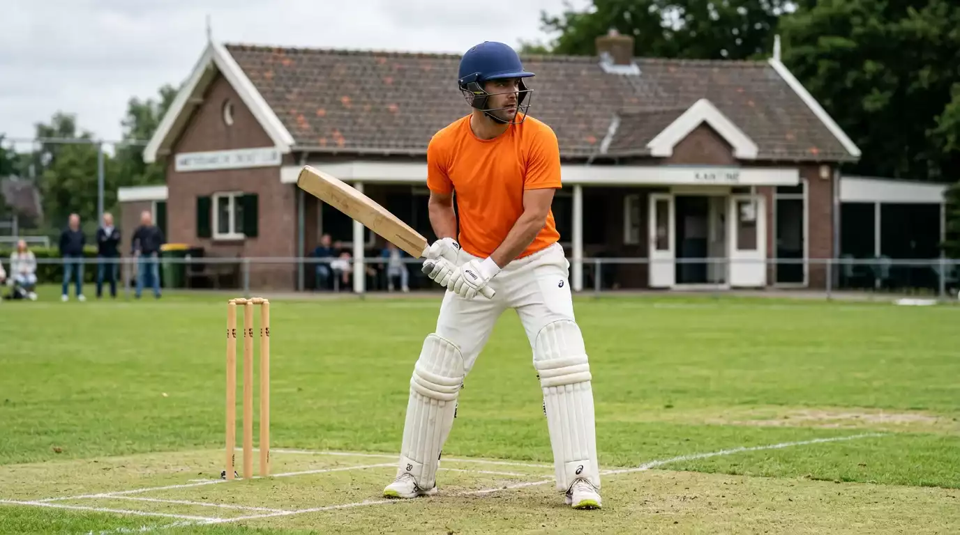 Cricketspeler in oranje tenue voor een batting strike pose op een groen Nederlands veld