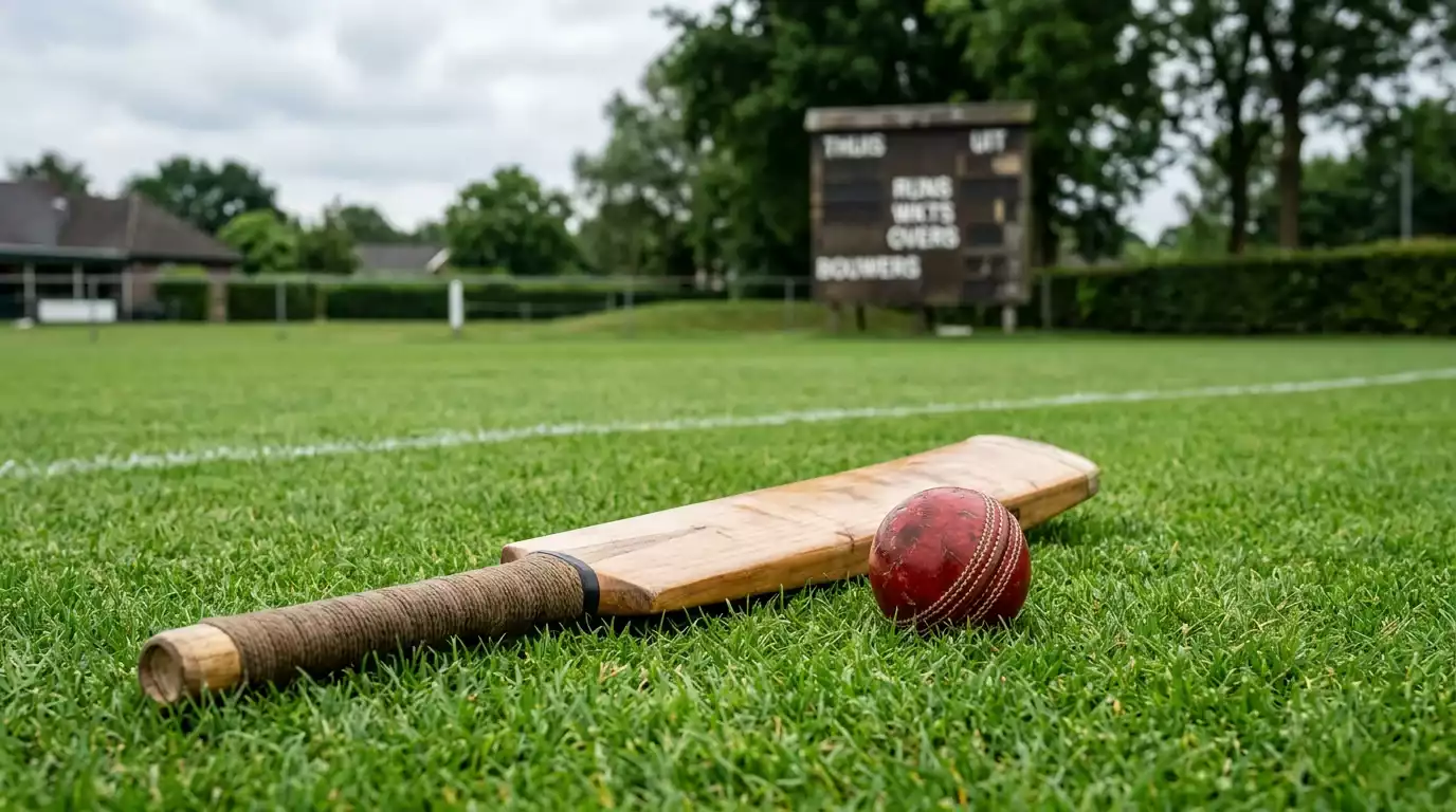 Cricketbal en bat liggend op een Nederlands speelveld met scoreboard op de achtergrond