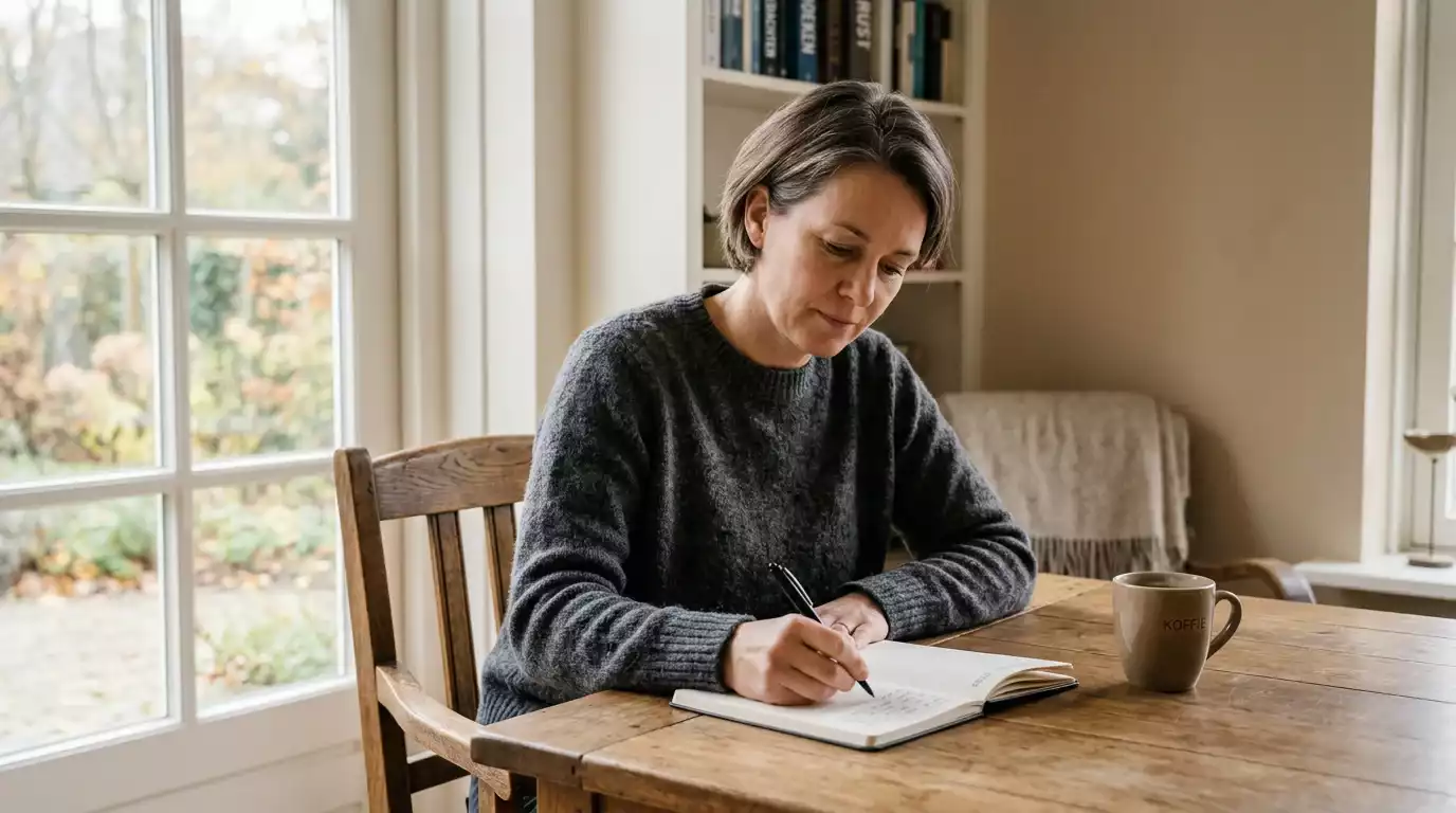 Persoon zit aan een houten tafel en schrijft op papier met een rustige, doordachte uitdrukking