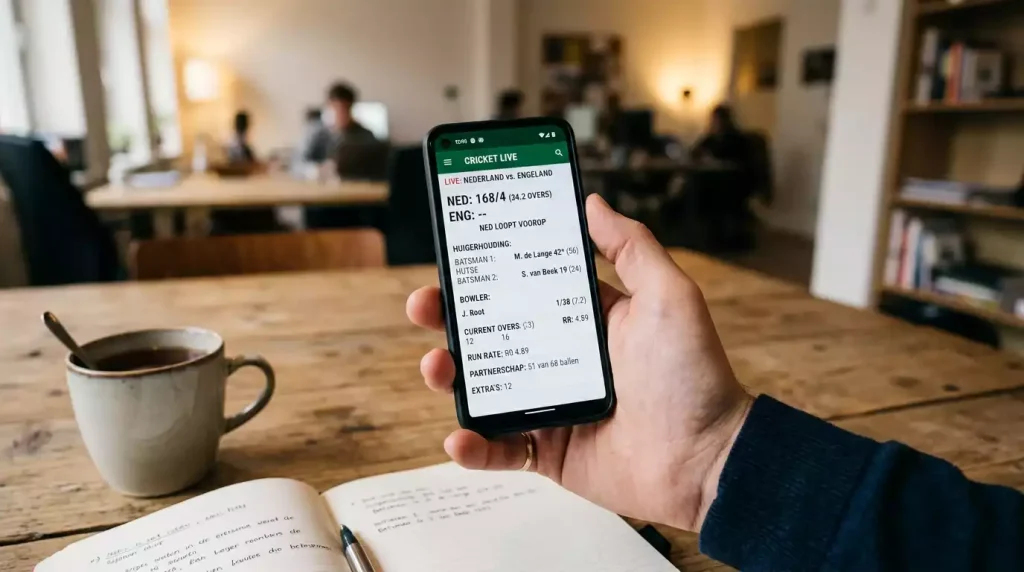 Mobiele telefoon met live cricketwedstrijd en cash-out optie op het scherm