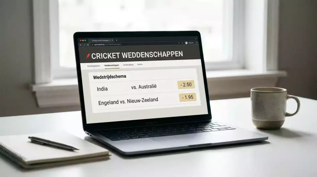 Laptop met cricketwedden-platform en koffiekop op tafel, neutrale werkomgeving