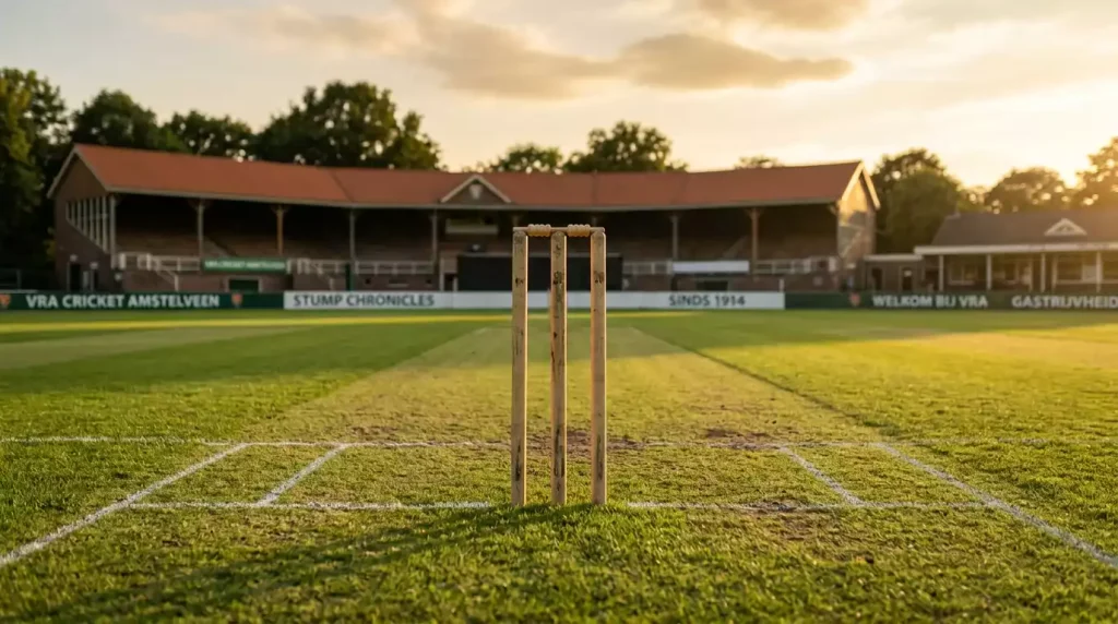 Cricketwicket met stumps en bails op een geprepareerde pitch tijdens zonsondergang in een Nederlands stadion