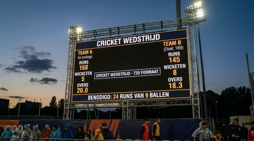 Cricket scoreboard met run handicap aanpassingen zichtbaar op een display