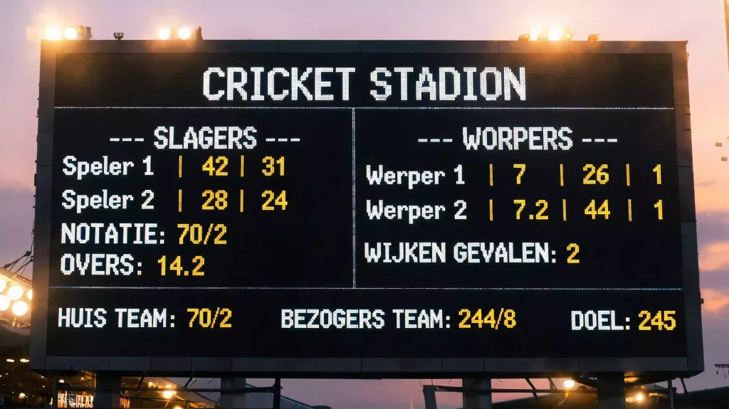 Cricket scorebord met diverse player statistieken en wicket details