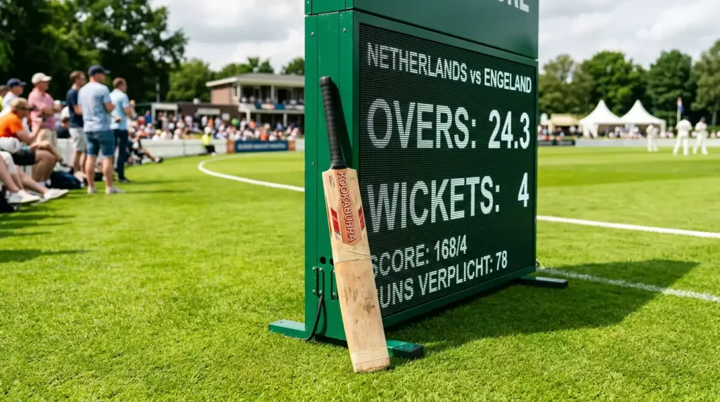 Cricketbat naast een scoreboard met overs en wicket-cijfers
