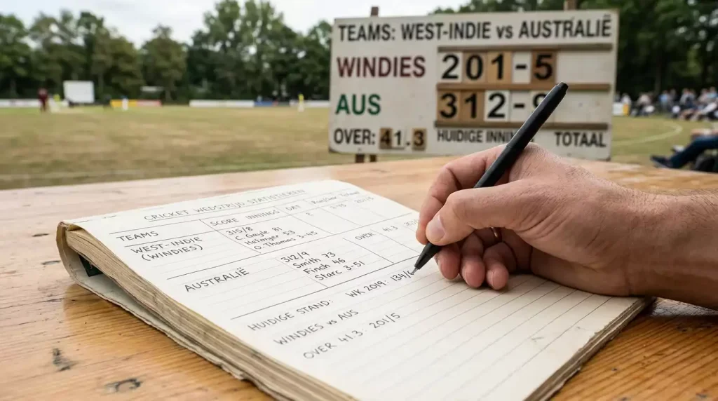 Hand schrijft formules op een notitieblok naast een cricket scoreboord