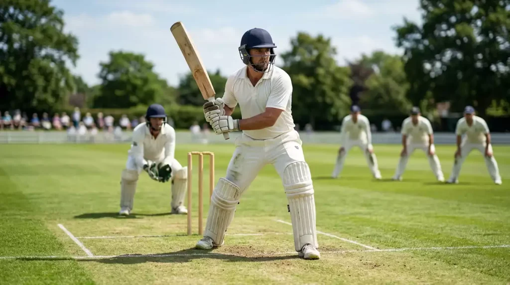 Cricketbatsman in witte uitrusting met helm en bat in slagpositie op een groen veld