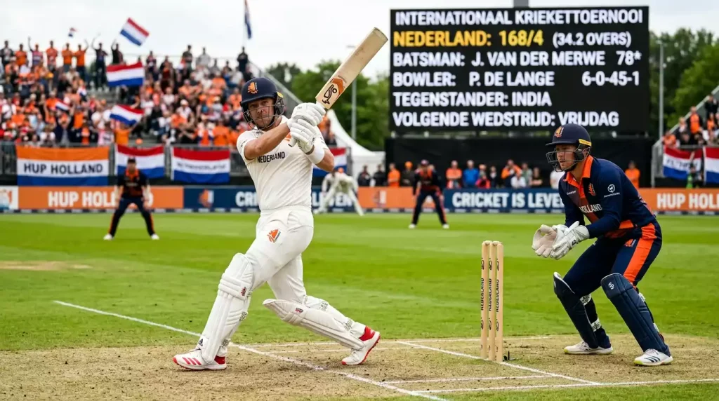 Cricketspeler aan slag tijdens internationale wedstrijd met scoreboard op de achtergrond