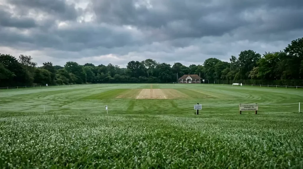 Bewolkte hemel boven cricketveld met dauw op het gras
