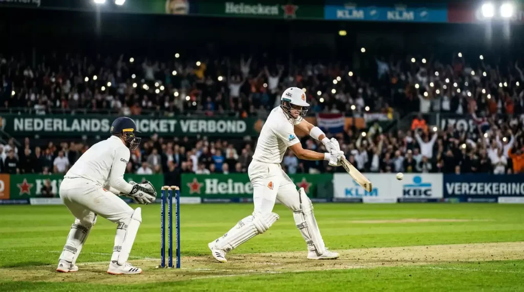 Cricketbatsman in actie tijdens avondwedstrijd onder schijnwerpers
