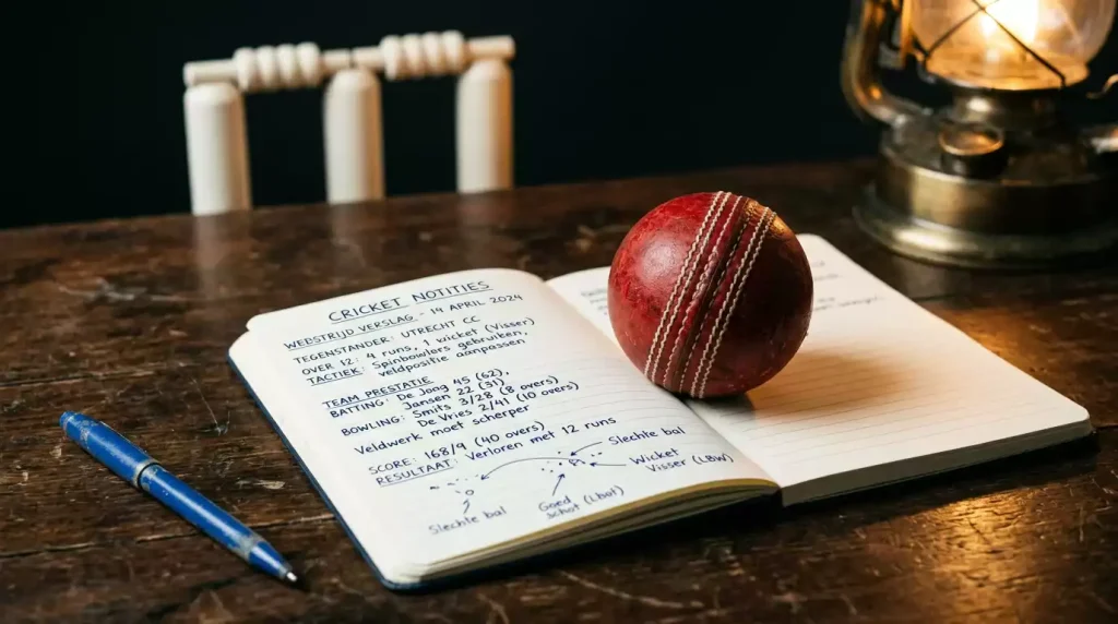 Rode cricketbal op een notitieboek met handgeschreven aantekeningen naast cricketstumps