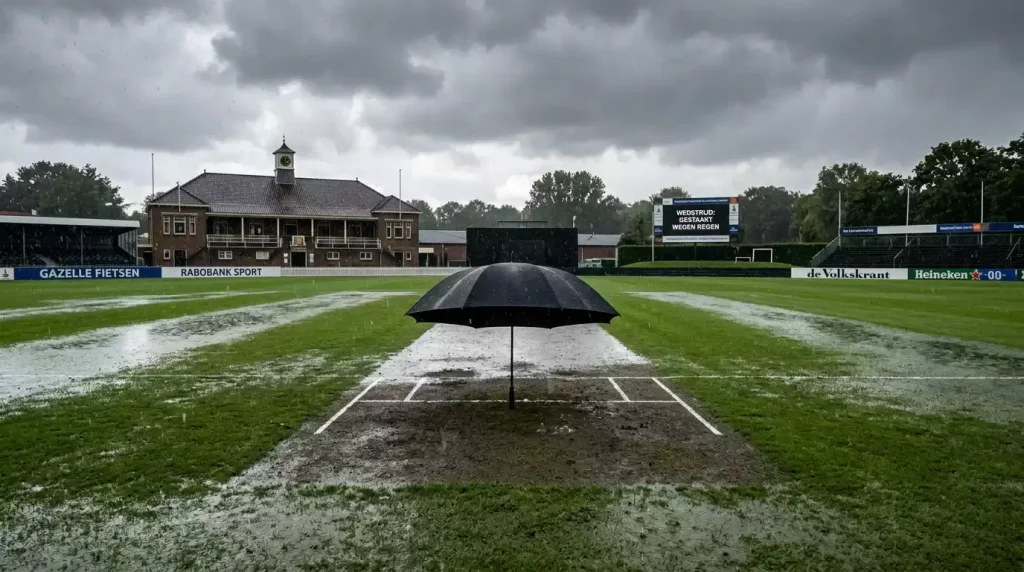 Cricketveld met regenwolken en paraplu over de pitch