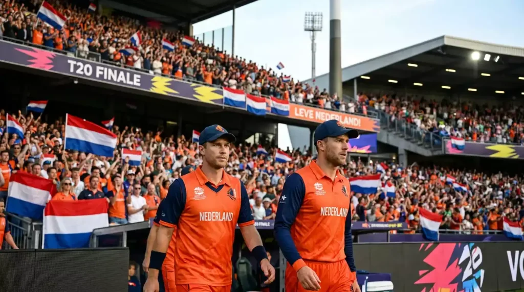 Cricketstadion gevuld met enthousiast publiek tijdens een T20-finale met spelers op het veld