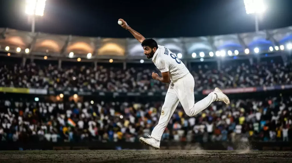 Cricketbowler in volle bowling-actie tijdens een avondwedstrijd onder de schijnwerpers van een stadion