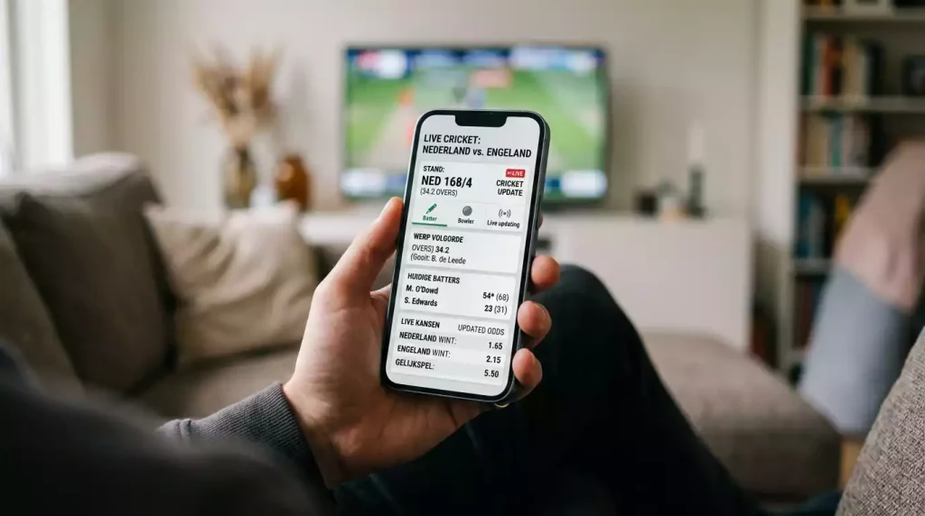 Cricket wedstrijd op een telefoonscherm met live odds-updates