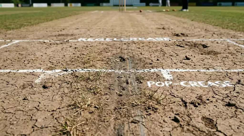 Cricketpitch close-up met grassprietjes en bruine grond