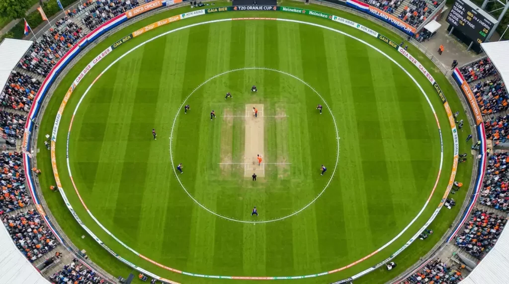 Cricketveld bovenaanzicht met fielding restrictions tijdens powerplay