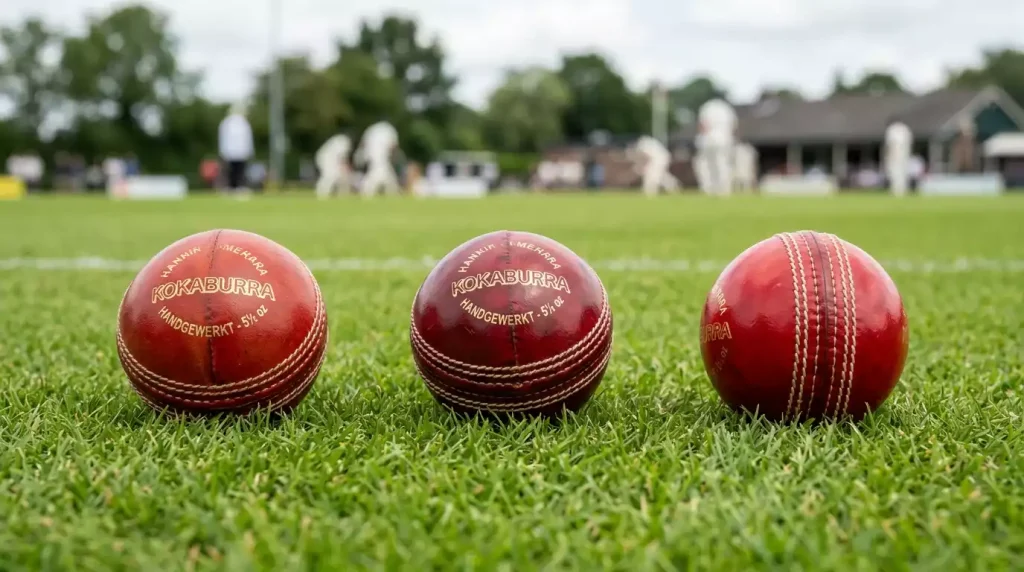 Drie cricketballen op een rij die de drie formats symboliseren