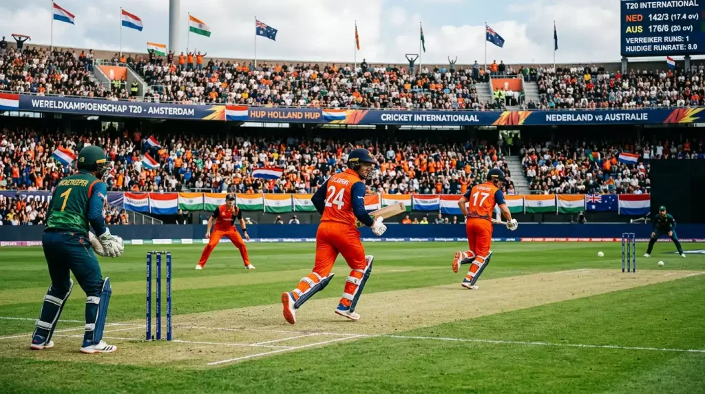 T20 World Cup stadion met cricketspelers in actie tijdens internationale wedstrijd