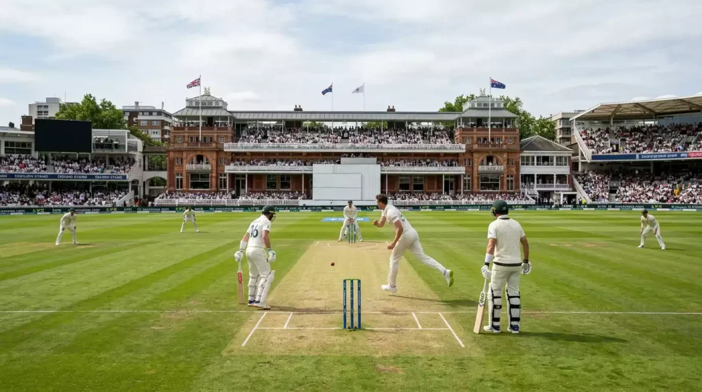 Cricket Test wedstrijd in een leeg stadion met witte kleding van spelers