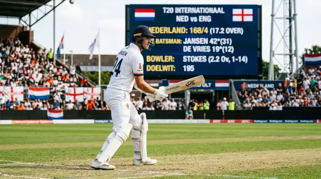 Cricketbatsman in slagpositie tegen achtergrond van scorebord