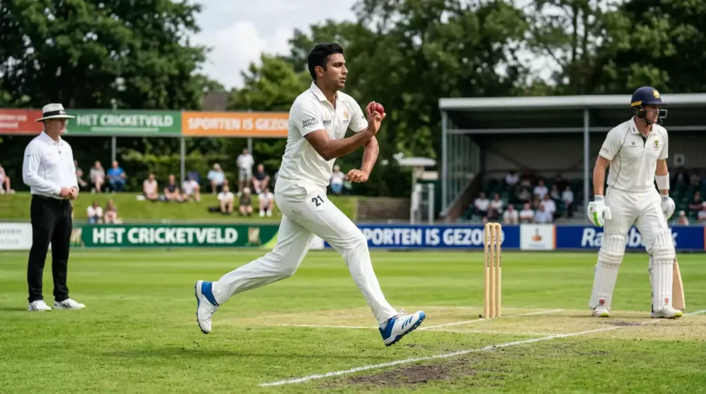 Cricket bowler in actie tijdens een aanloop met bal in de hand