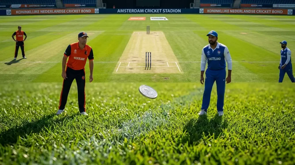 Muntworp boven cricketveld met twee aanvoerders kijkend toe