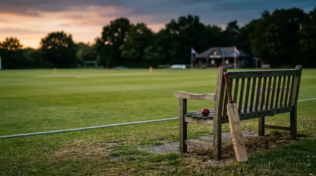 Lege cricketstoel naast een verlaten bat op een gemaaide grasmat bij avondlicht