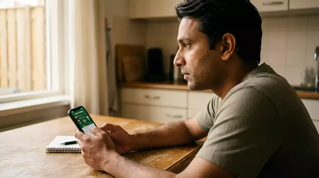 Persoon kijkt nadenkend naar een smartphone met cricketwedden-overzicht in rustige omgeving