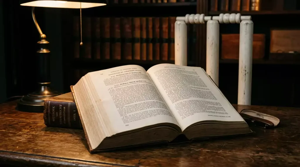 Wetboek met paragraaftekens en cricketstumps op donkere achtergrond